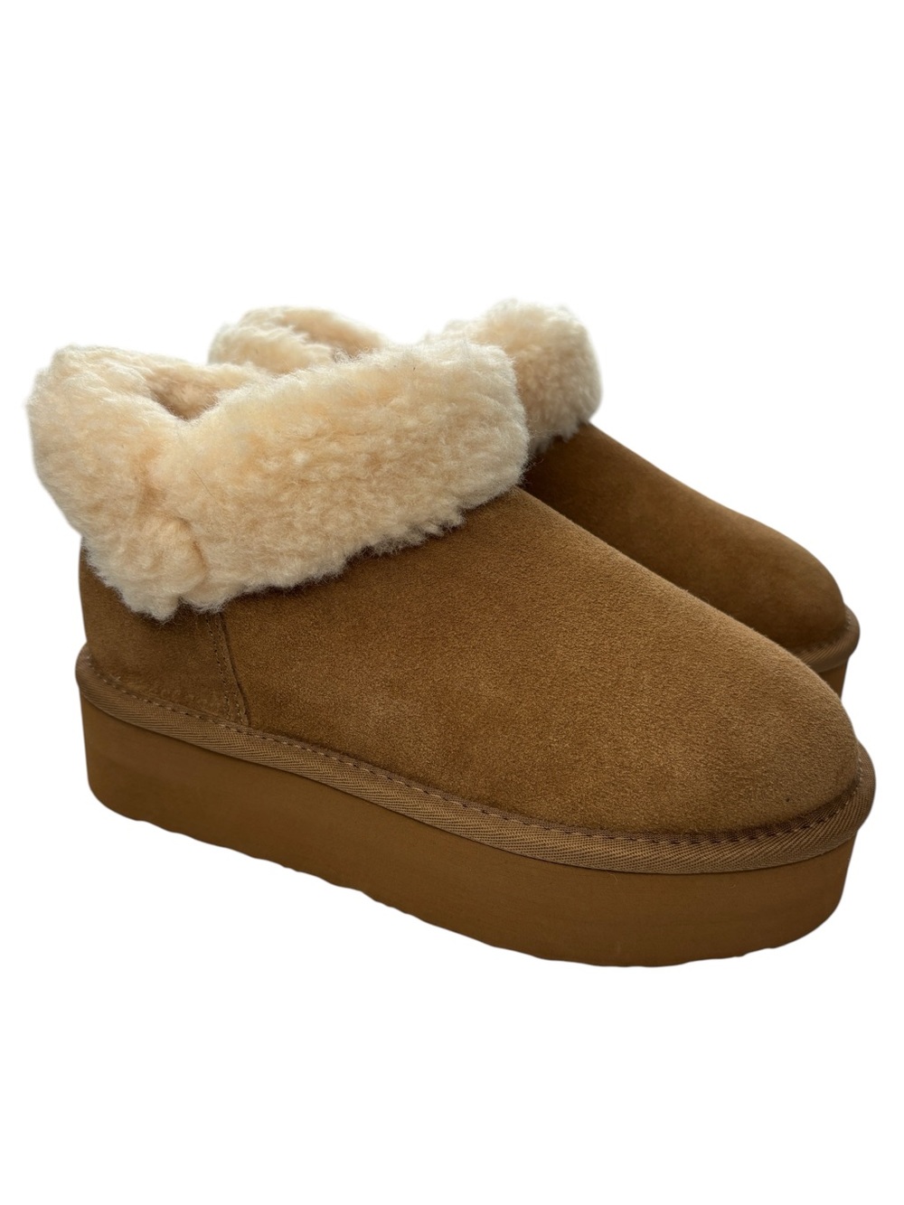 Bearpaw Dreya Platform Slippers Boots Women Sz 6 Tan Brown Cow Suede Leather New